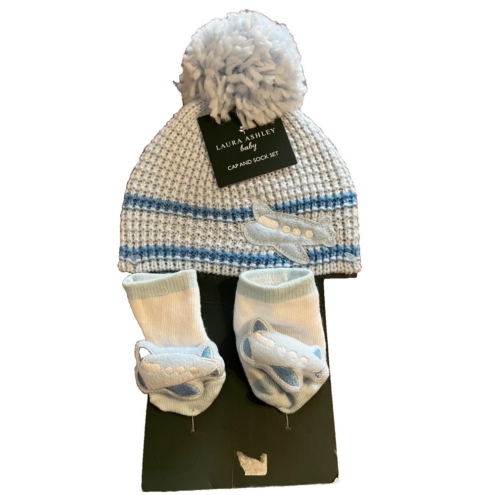 Laura Ashley Baby Boy Knit Cap Airplane Socks Set Nursery Newborn Boho Pastel
